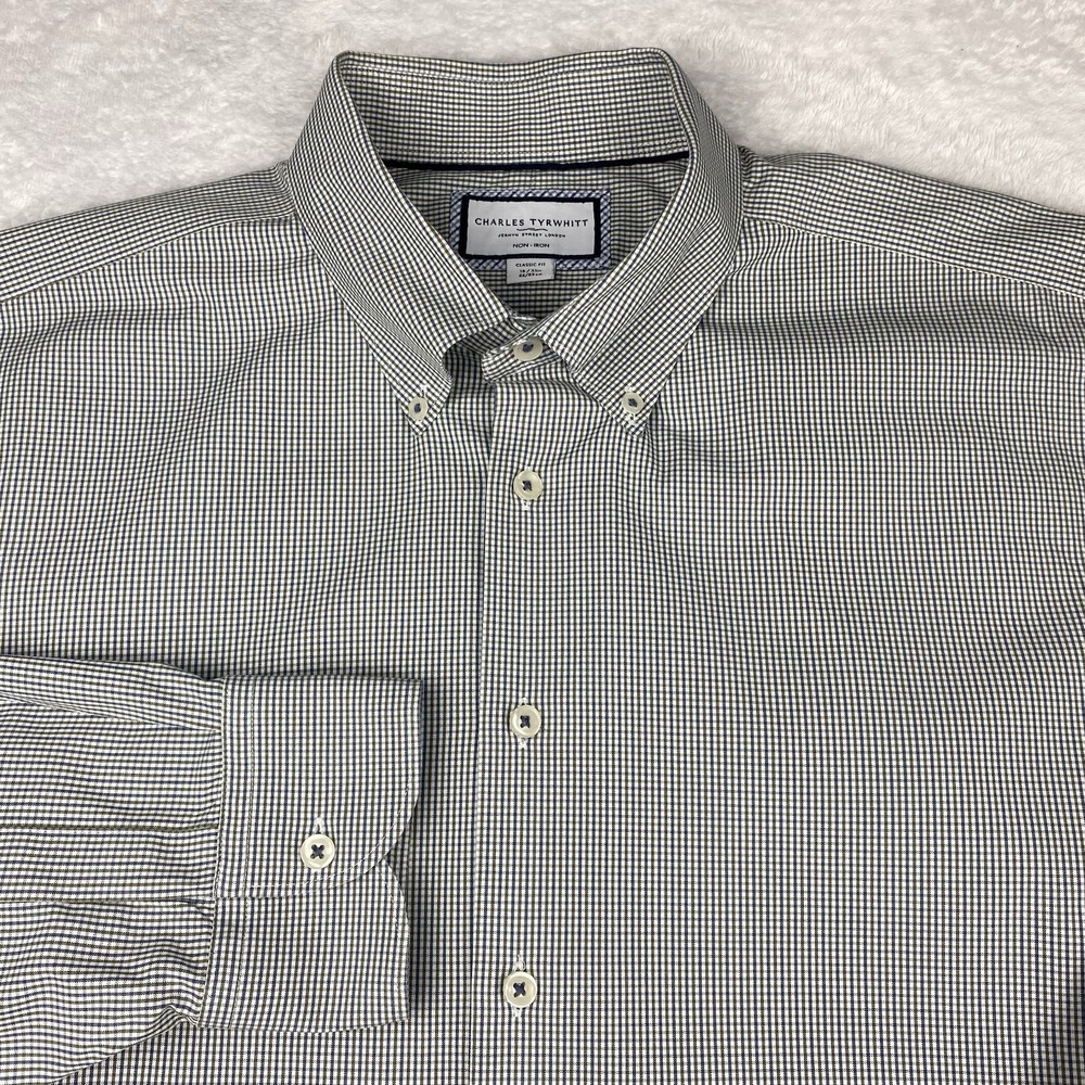 Charles Tyrwhitt Dress Shirt Mens 18-35 Green/Blue Checks Classic Fit No Iron